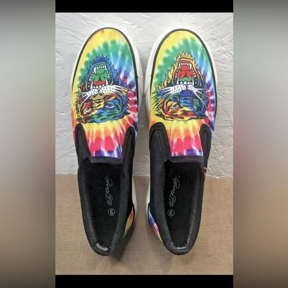 Excellent Ed Hardy Poppy-109L Tiger Black Tie-Dye Women's 9 Slip-On Sneakers